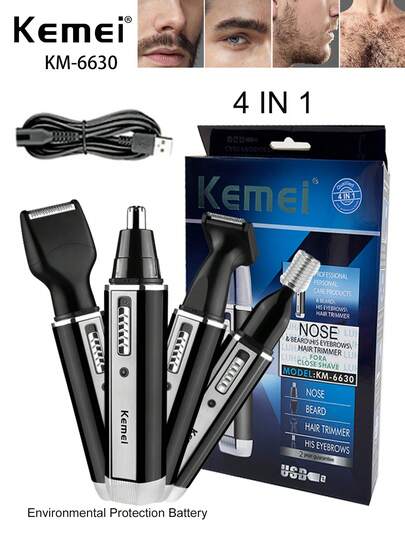 Kemei ماكينة كهربائية 4 في 1 من ماركة كيمي KM-6630 لتنظيف الأنف والأذن للرجال، مجموعة تنظيف وتشذيب، قابلة للشحن عبر USB، لتشذيب اللحية والشعر الجانبي، مجموعة العناية بالوجه للرجال، ماكينة حلاقة وإزالة الشعر، مجموعة ماكينة حلاقة محمولة، ماكينة تشذيب الشعر