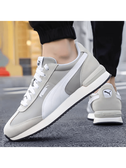 Puma بوما R78 أحذية رياضية كاجوال منخفضة الكعب من النايلون والجلد الاصطناعي، رمادي وأبيض