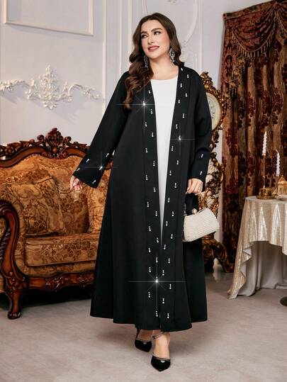 Al Najma رمضان عباية فضفاضة للمرأة ذات الحجم الكبير بأكمام طويلة وزخرفة من اللؤلؤ الاصطناعي، بلون واحد