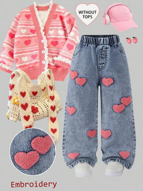 SHEIN ChillGRL بنطلون جينز بناتي بأسلوب جميل، مناسب للربيع/الصيف والخريف/الشتاء، بلون جينز أزرق فاتح، مطرز بقلب وردي، قصة فضفاضة مستقيمة الساق، قماش ناعم ومريح، مناسب للخروجات اليومية، أنيق ومتعدد الاستخدامات