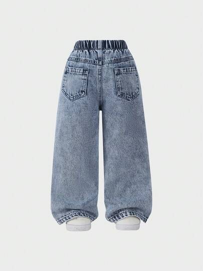 SHEIN ChillGRL بنطلون جينز بناتي بأسلوب جميل، مناسب للربيع/الصيف والخريف/الشتاء، بلون جينز أزرق فاتح، مطرز بقلب وردي، قصة فضفاضة مستقيمة الساق، قماش ناعم ومريح، مناسب للخروجات اليومية، أنيق ومتعدد الاستخدامات