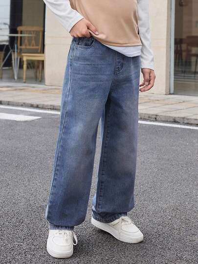 SHEIN Mirajuku بنطلون جينز واسع بتصميم مستقيم أساسي بطراز قديم للأولاد المراهقين
