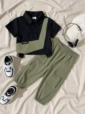 SHEIN Playful Pals مجموعة قميص بولو بأكمام قصيرة وبنطال كارجو أخضر ذو خصر مطاطي مناسبة للأطفال الصغار، مناسبة للرياضة الخارجية والخروجات العادية والتسوق والسفر، مقاس من 6 أشهر إلى 2-3 سنوات