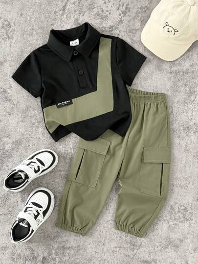 SHEIN Playful Pals مجموعة قميص بولو بأكمام قصيرة وبنطال كارجو أخضر ذو خصر مطاطي مناسبة للأطفال الصغار، مناسبة للرياضة الخارجية والخروجات العادية والتسوق والسفر، مقاس من 6 أشهر إلى 2-3 سنوات