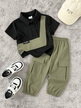 SHEIN Playful Pals مجموعة قميص بولو بأكمام قصيرة وبنطال كارجو أخضر ذو خصر مطاطي مناسبة للأطفال الصغار، مناسبة للرياضة الخارجية والخروجات العادية والتسوق والسفر، مقاس من 6 أشهر إلى 2-3 سنوات