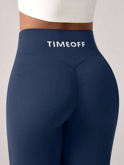 TimeOff 1 قطعة سروال رياضي للنساء بتصميم بسيط، مطاطي، على شكل V، رفع مباشر، ساق واسعة، مطبوع عليه حرف للربيع