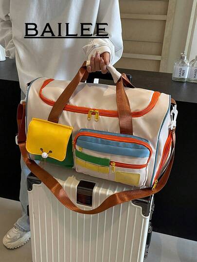 BAILEE طقم حقيبة سفر بطراز الحرم الجامعي، خفيفة الوزن وقابلة للطي، سعة كبيرة، تصميم جيوب أمامية متعددة، تباين لوني، مع حزام فصل جاف ورطب وحزام تثبيت العناصر. مناسبة لحقيبة السفر، حقيبة المبيت، حقيبة الجيم، حقيبة السفر لنهاية الأسبوع، حقيبة الأمتعة، حقيبة