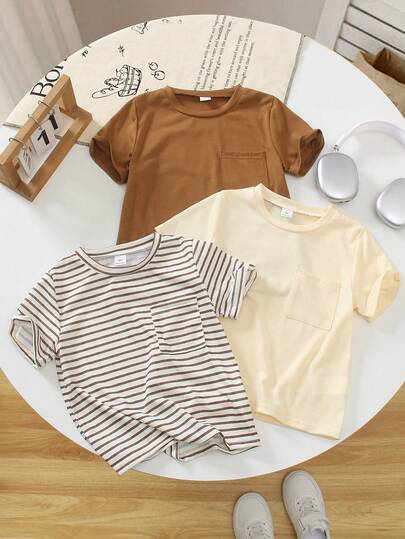SHEIN 3 قطع تيشيرتات كاجوال بأكمام طويلة وياقة طاقم للأولاد، بني للنضج، بني وبيج مخطط للحيوية، أبيض سادة للتنوع، مناسبة للمدرسة وأنشطة العائلة في عطلة نهاية الأسبوع والرحلات القصيرة والحديقة