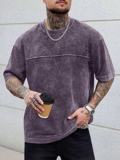 Manfinity CasualCool تي شيرت رجالي بياقة طاقم، لون أحادي، فضفاض، كاجوال، متعدد الاستخدامات، قصير الأكمام