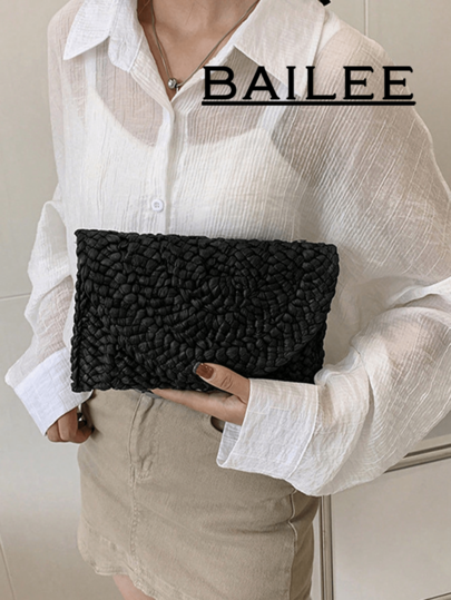 BAILEE حقيبة كلاتش لتناول العشاء مصنوعة من نسيج قشر الذرة قطعة واحدة، حقيبة يد كبيرة بسيطة من القش للنساء، مناسبة للاستخدام الصيفي اليومي والسفر والتنسيق مع الملابس العصرية وللخروج مع الأصدقاء وحفلات الزفاف والحفلات الرسمية