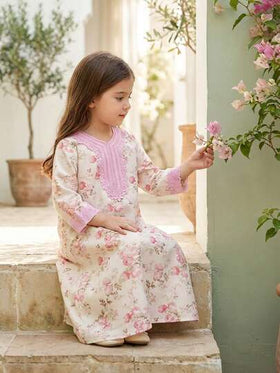 SHEIN فستان أكمام طويلة بطبعات زهور صغيرة باللون الأصفر للبنات، تصميم كاجوال مزين بالكشكشة مناسب للخروجات، للربيع والخريف