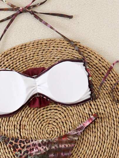 3 قطع ملابس نسائية مزهرة أنيقة وجذابة بظهر مكشوف مع ربطة، بتصميم زهرة ثلاثية الأبعاد، مناسبة للعطلات والشاطئ، تشمل ملابس علوية بيكيني وتنورة، للربيع والصيف