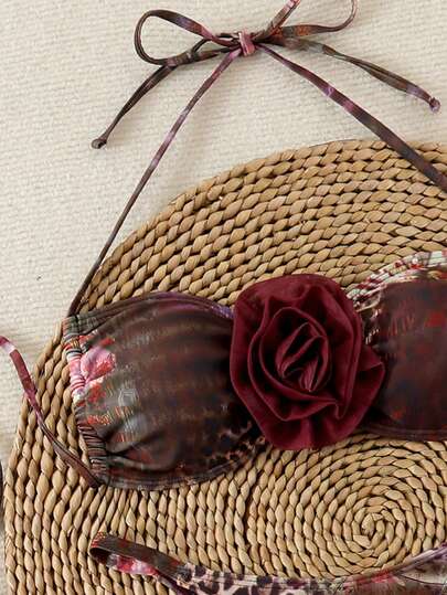 3 قطع ملابس نسائية مزهرة أنيقة وجذابة بظهر مكشوف مع ربطة، بتصميم زهرة ثلاثية الأبعاد، مناسبة للعطلات والشاطئ، تشمل ملابس علوية بيكيني وتنورة، للربيع والصيف