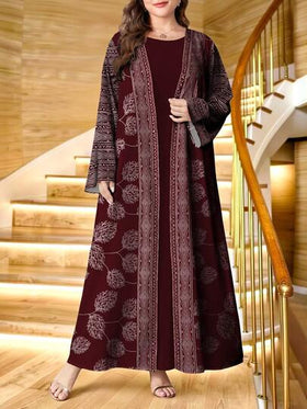 SHEIN Najma رمضان عبايات كارديجان كاجوال بأكمام طويلة مطبوع رقميًا بنمط الأوراق والماس، مناسب للربيع والخريف، مقاسات كبيرة للسيدات