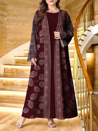 SHEIN Najma رمضان عبايات كارديجان كاجوال بأكمام طويلة مطبوع رقميًا بنمط الأوراق والماس، مناسب للربيع والخريف، مقاسات كبيرة للسيدات