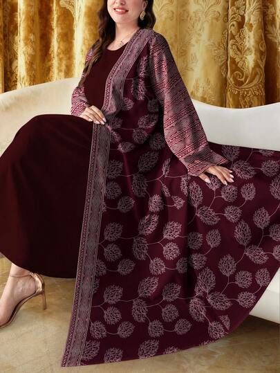 SHEIN Najma رمضان عبايات كارديجان كاجوال بأكمام طويلة مطبوع رقميًا بنمط الأوراق والماس، مناسب للربيع والخريف، مقاسات كبيرة للسيدات