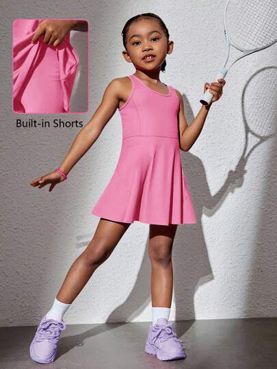 SHEIN فستان كاجوال لفتاة صغيرة بأكمام بدون أكمام مصنوع من التريكو بلون واحد ذو رقبة دائرية ملائمة للجسم