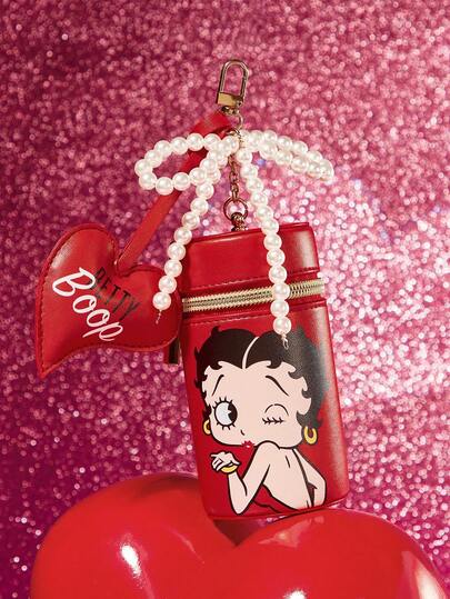 Betty Boop x SHEIN حقيبة تغيير مطبوعة بشكل أسطواني من جلد البولي يوريثان مزينة بفيونكة اللؤلؤية، مناسبة لتخزين العملات المعدنية والأحمر شفاه وبلسم الشفاه والمفاتيح والأغراض الصغيرة، مناسبة للرجال والنساء والطلاب، لطيفة، محبة، تقبيل، حب، أفكار هدايا، حفلة،
