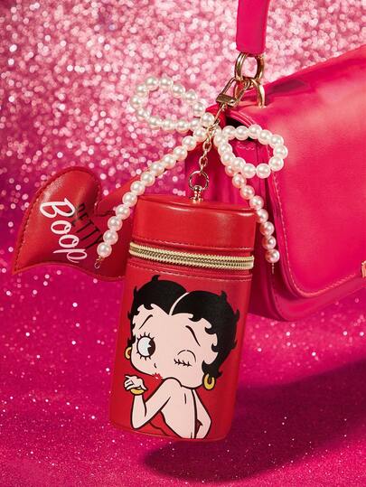 Betty Boop x SHEIN حقيبة تغيير مطبوعة بشكل أسطواني من جلد البولي يوريثان مزينة بفيونكة اللؤلؤية، مناسبة لتخزين العملات المعدنية والأحمر شفاه وبلسم الشفاه والمفاتيح والأغراض الصغيرة، مناسبة للرجال والنساء والطلاب، لطيفة، محبة، تقبيل، حب، أفكار هدايا، حفلة،