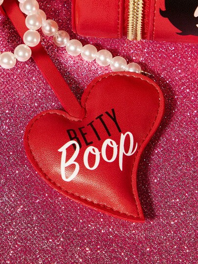 Betty Boop x SHEIN حقيبة تغيير مطبوعة بشكل أسطواني من جلد البولي يوريثان مزينة بفيونكة اللؤلؤية، مناسبة لتخزين العملات المعدنية والأحمر شفاه وبلسم الشفاه والمفاتيح والأغراض الصغيرة، مناسبة للرجال والنساء والطلاب، لطيفة، محبة، تقبيل، حب، أفكار هدايا، حفلة،