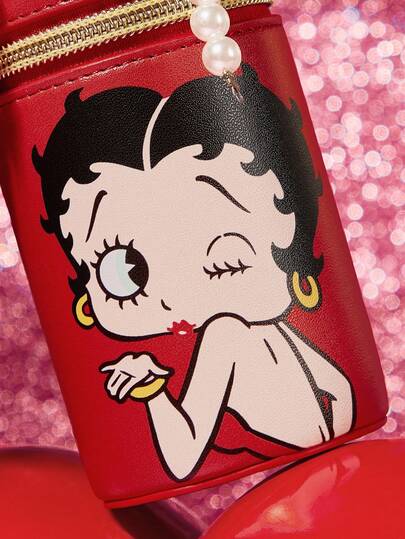 Betty Boop x SHEIN حقيبة تغيير مطبوعة بشكل أسطواني من جلد البولي يوريثان مزينة بفيونكة اللؤلؤية، مناسبة لتخزين العملات المعدنية والأحمر شفاه وبلسم الشفاه والمفاتيح والأغراض الصغيرة، مناسبة للرجال والنساء والطلاب، لطيفة، محبة، تقبيل، حب، أفكار هدايا، حفلة،
