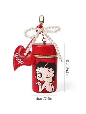 Betty Boop x SHEIN حقيبة تغيير مطبوعة بشكل أسطواني من جلد البولي يوريثان مزينة بفيونكة اللؤلؤية، مناسبة لتخزين العملات المعدنية والأحمر شفاه وبلسم الشفاه والمفاتيح والأغراض الصغيرة، مناسبة للرجال والنساء والطلاب، لطيفة، محبة، تقبيل، حب، أفكار هدايا، حفلة،
