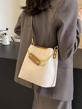 حقيبة كتف نسائية موضة (22 سم * 22 سم * 12 سم)، مزينة بمعدن، حزام قابل للتعديل، مناسبة للعمل والتنقل والتسوق والمواعيد، سلة أنيقة بسيطة، زخرفة مبرزة من قماش غير منسوج