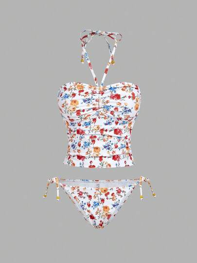 SHEIN MOD بدلة سباحة نسائية قطعتين بتصميم أزهار صغيرة على الرقبة، تصميم أنيق، ملابس سباحة جميلة، كاجوال ومحتشمة، مناسبة للشاطئ والسباحة والعطلات الصيفية