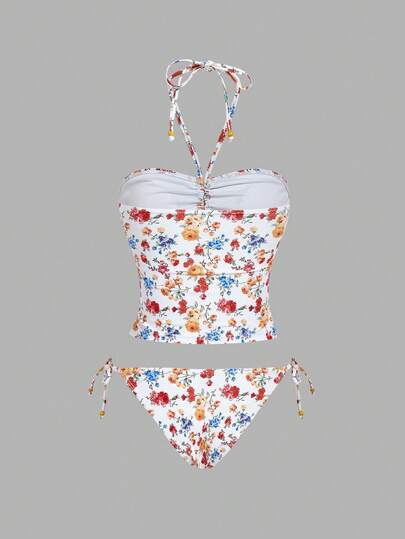 SHEIN MOD بدلة سباحة نسائية قطعتين بتصميم أزهار صغيرة على الرقبة، تصميم أنيق، ملابس سباحة جميلة، كاجوال ومحتشمة، مناسبة للشاطئ والسباحة والعطلات الصيفية