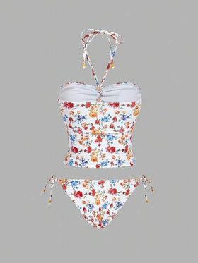 SHEIN MOD بدلة سباحة نسائية قطعتين بتصميم أزهار صغيرة على الرقبة، تصميم أنيق، ملابس سباحة جميلة، كاجوال ومحتشمة، مناسبة للشاطئ والسباحة والعطلات الصيفية