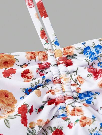 SHEIN MOD بدلة سباحة نسائية قطعتين بتصميم أزهار صغيرة على الرقبة، تصميم أنيق، ملابس سباحة جميلة، كاجوال ومحتشمة، مناسبة للشاطئ والسباحة والعطلات الصيفية