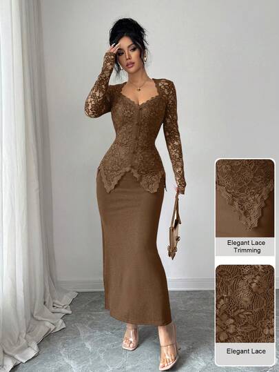 Modelyn رمضان فستان متوسط الطول مناسب للنساء مع رقبة مربعة، تصميم بتفاصيل من الدانتيل والأزرار على الخصر