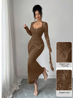 Modelyn رمضان فستان متوسط الطول مناسب للنساء مع رقبة مربعة، تصميم بتفاصيل من الدانتيل والأزرار على الخصر