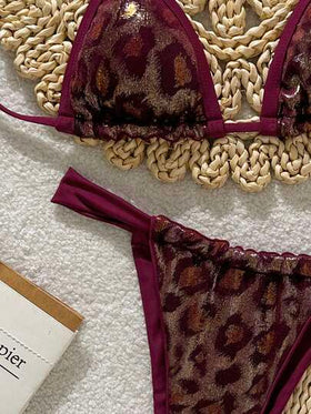 Swim SXY مجموعة بكيني مكونة من ملابس علوية مثلث وأسفل بطبعة حيوانية ملمس القماش، ملابس سباحة نسائية جذابة، مناسبة للربيع والصيف