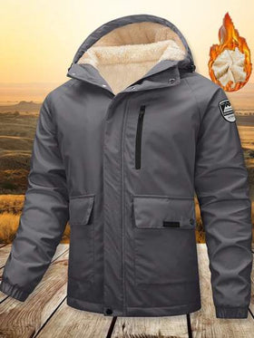 Manfinity Homme معطف مبطن بغطاء للرجال للخريف/الشتاء، تصميم متعدد الجيوب، مبطن بالحشو، بطانة حرارية، هدية للصديق، ملابس خارجية كاجوال فضفاضة مقاومة للماء، جاكيت رجالية مبطنة حرارياً، ملابس تقنية رجالية، جاكيت رجالية رمادية، جاكيت دافئة للرجال، هدية للصديق