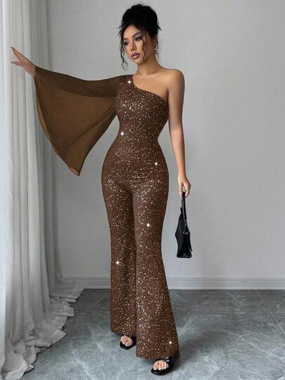 Elenzga جمبسوت نسائية أسيمتري مرصعة بالبولكا دوت والبريق مع أكمام جرس، للارتداء في الحفلات