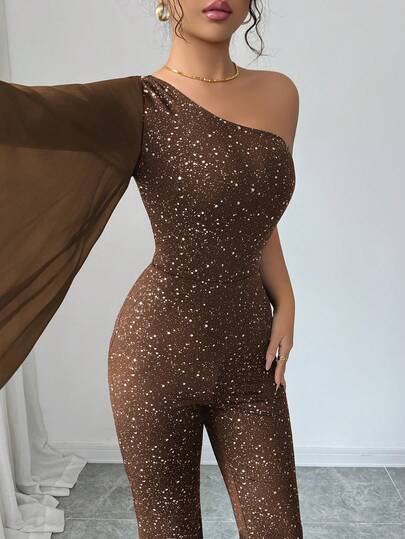 Elenzga جمبسوت نسائية أسيمتري مرصعة بالبولكا دوت والبريق مع أكمام جرس، للارتداء في الحفلات