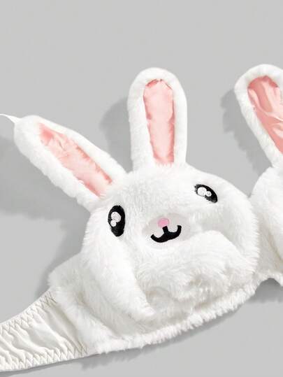 ROMWE Kawaii طقم سلكي من الحمالة والسروال الداخلي مزين بالأرنب المطرز والشريط الدانتيل الناعم