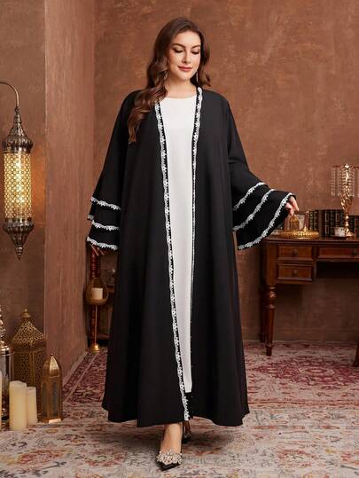 Al Najma رمضان عباية كاجوال للنساء ذوات الأحجام الكبيرة بأكمام طويلة وتطريز دانتيل بلون واحد
