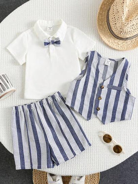 SHEIN 3 قطع/طقم للأطفال الصبيان، سترة كاجوال مخططة باللون الأزرق الكحلي، قميص بولو مضفر أبيض بأكمام قصيرة، وشورت، بدلة رسمية مناسبة للربيع/الصيف، حفلة عيد الميلاد، مناسبات، حفل زفاف، حفل استقبال مولود