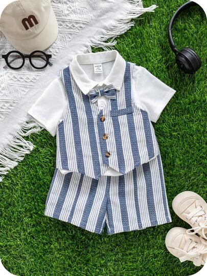 SHEIN 3 قطع/طقم للأطفال الصبيان، سترة كاجوال مخططة باللون الأزرق الكحلي، قميص بولو مضفر أبيض بأكمام قصيرة، وشورت، بدلة رسمية مناسبة للربيع/الصيف، حفلة عيد الميلاد، مناسبات، حفل زفاف، حفل استقبال مولود