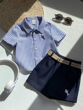 SHEIN مجموعة مكونة من 3 قطع تشمل قميص وحزام وشورت - بتصميم مخطط على الطراز الأنيق للأطفال الصبية، مناسب لحفلات عيد الميلاد والحفلات المسائية والأعراس وحفلات استقبال المواليد واحتفالات عيد الميلاد الأول