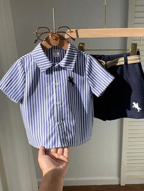 SHEIN مجموعة مكونة من 3 قطع تشمل قميص وحزام وشورت - بتصميم مخطط على الطراز الأنيق للأطفال الصبية، مناسب لحفلات عيد الميلاد والحفلات المسائية والأعراس وحفلات استقبال المواليد واحتفالات عيد الميلاد الأول