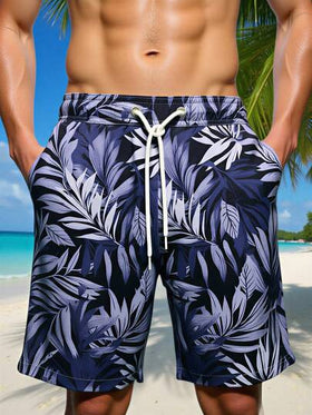 Manfinity Swimmode شورت كاجوال بخصر رباط وجيوب بطبعة نباتات استوائية للرجال