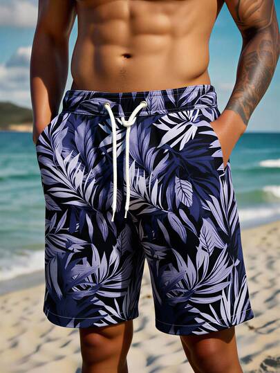 Manfinity Swimmode شورت كاجوال بخصر رباط وجيوب بطبعة نباتات استوائية للرجال