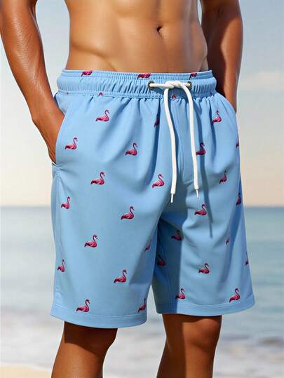 Manfinity Swimmode شورت رجالي كاجوال أنيق للشاطئ، مزين بطبعة فلامنجو، مزود برباط عند الخصر وجيوب