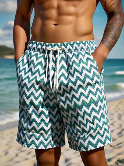 Manfinity Swimmode شورت كاجوال بخصر مطاطي مزين بطبعة الموجات والخطوط للرجال، مناسب للشاطئ