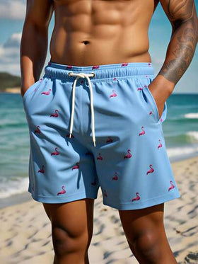 Manfinity Swimmode شورت رجالي كاجوال أنيق للشاطئ، مزين بطبعة فلامنجو، مزود برباط عند الخصر وجيوب