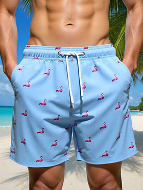 Manfinity Swimmode شورت رجالي كاجوال أنيق للشاطئ، مزين بطبعة فلامنجو، مزود برباط عند الخصر وجيوب
