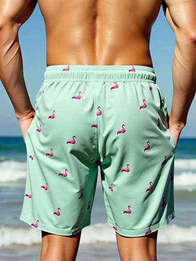 Manfinity Swimmode شورت رجالي كاجوال أنيق للشاطئ، مزين بطبعة فلامنجو، مزود برباط عند الخصر وجيوب